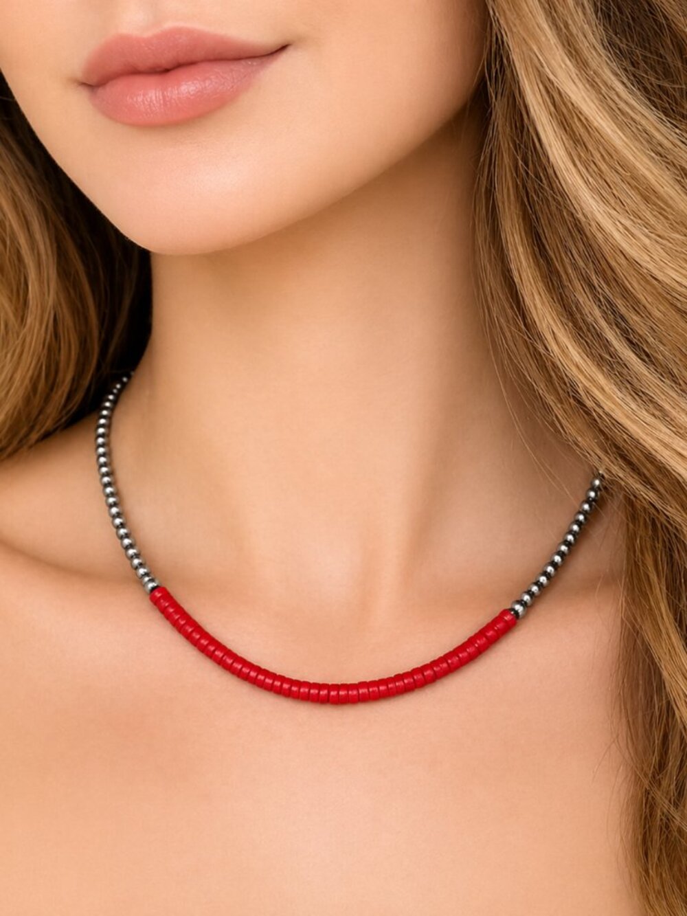 Red Magnesite Spiny Heishi & Sterling Silver Pearl 15” + 2” Necklace NEW